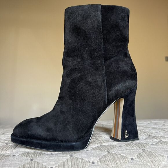 Sam Edelman Jaye Black Suede Heeled Platform Boots Booties Women’s 6 Side Zip - Picture 2 of 16